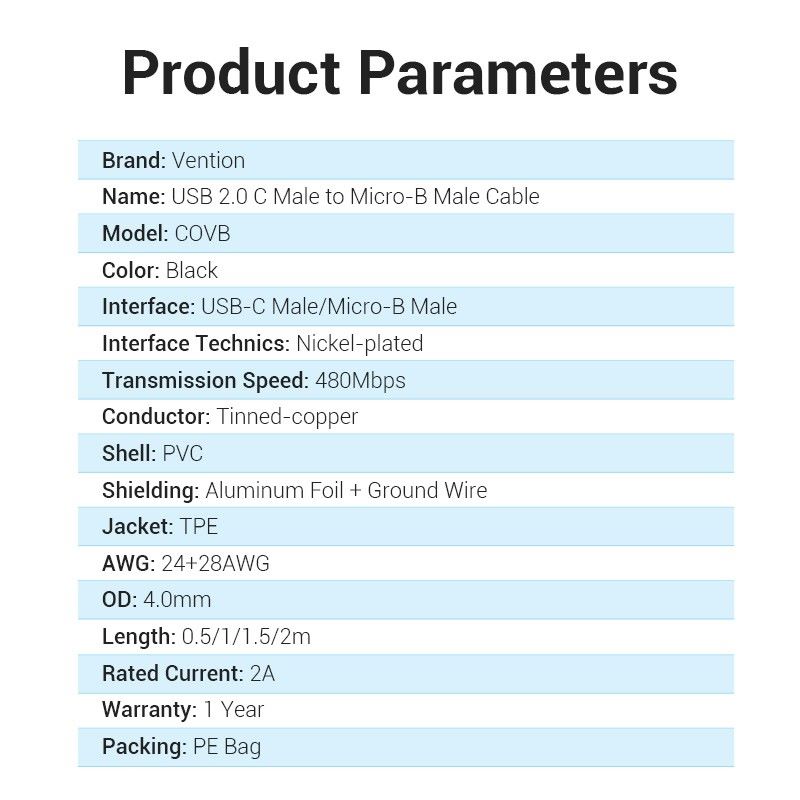 Vention - Kabel USB C Male to Macro - B Male 2A 1M dan 1.5M Black COVBF COVBG / Kabel Data