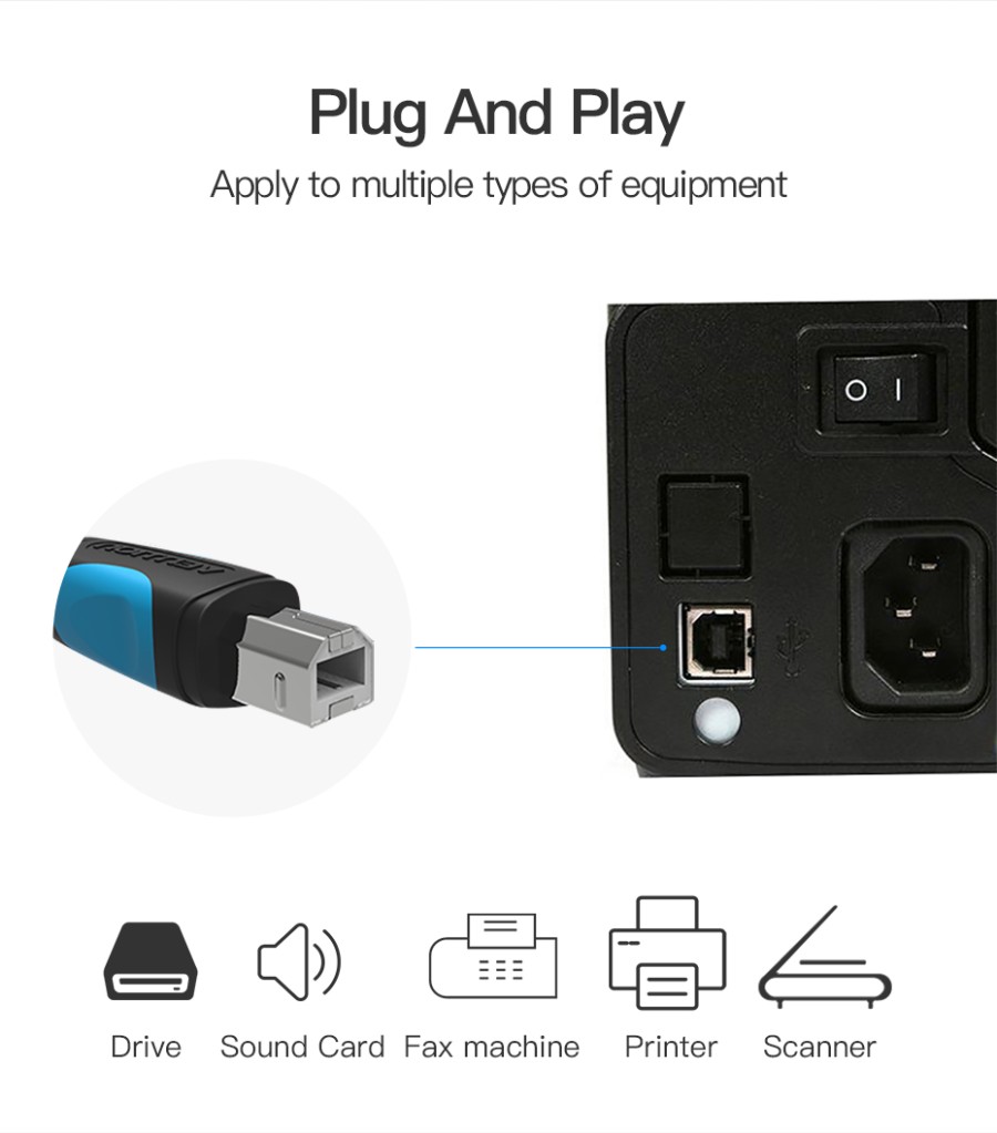 Vention - Kabel Printer USB 2.0 A Male - B Male 1.5M - 3M - 5M - 10M Black VAS-A16