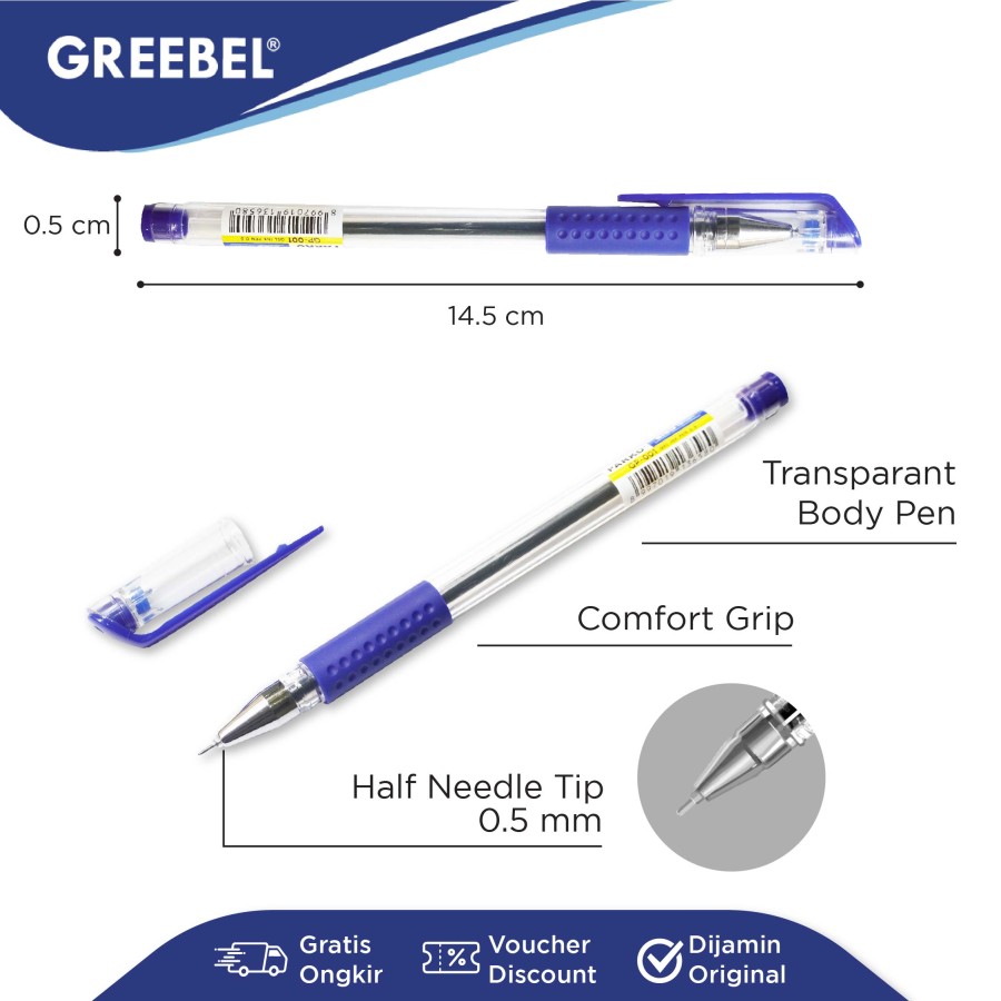 Pulpen Greebel / Parko Gel Pen GP-001 0.5MM Biru / Ballpoint