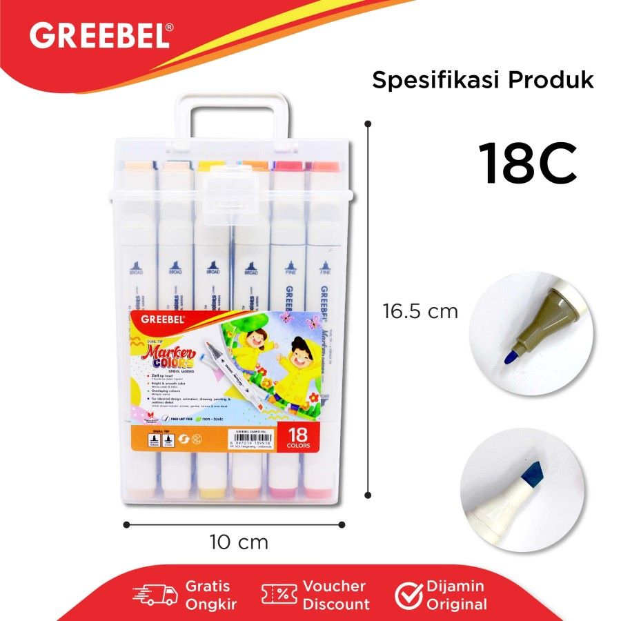 Spidol + Highlighter / Greebel Water Marker Dual Head - GMWD 18C 18 Warna / Spidol Sketsa