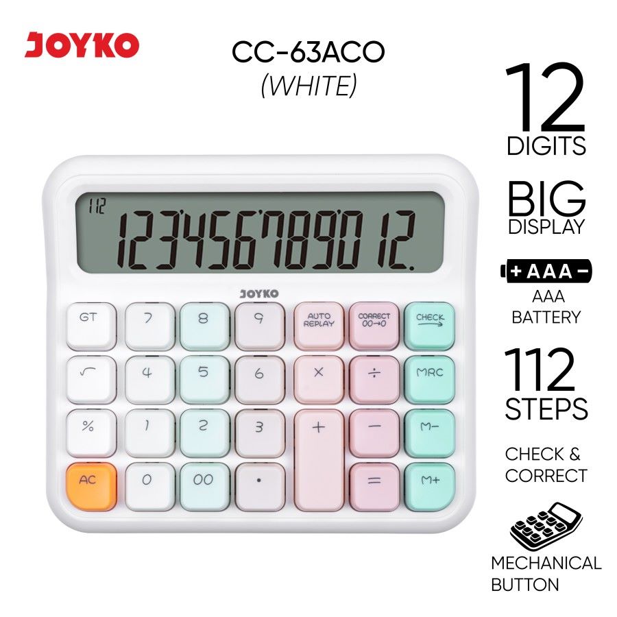 Kalkulator Joyko / Calculator Tipe CC-63A CO Colour / 12 Digit Dual Power