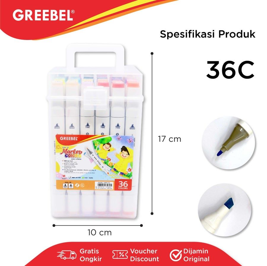Spidol + Highlighter / Greebel Water Marker Dual Head - GMWD 36C 36 Warna / Spidol Sketsa