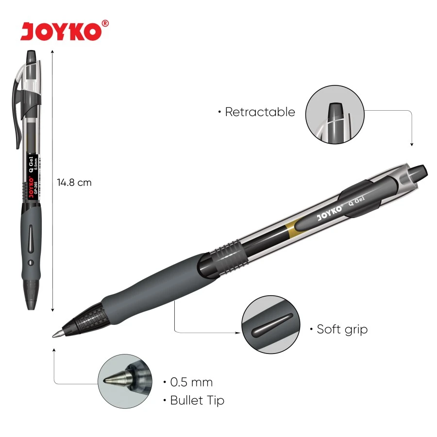 Pulpen / Ballpen Gell Joyko GP-265 Bullet Tip Ukuran 0.5mm Warna Black , Red, Blue