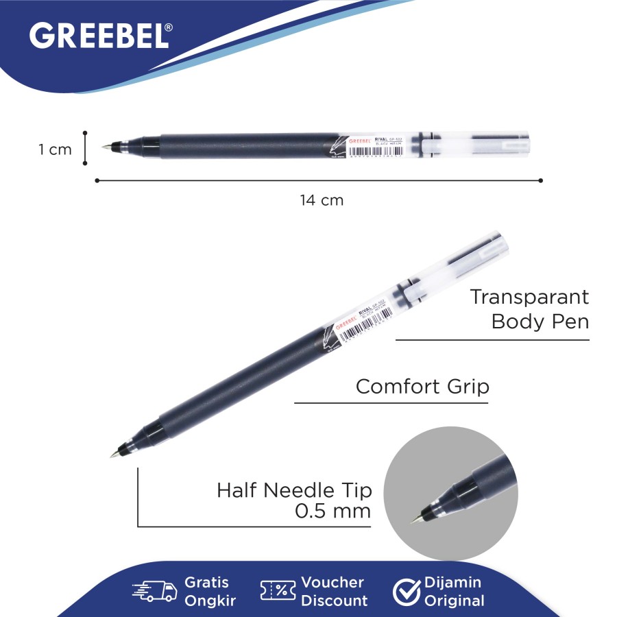 Pulpen Greebel / Greebel Gel Pen GP-502 Rival 0.5MM Hitam - Biru - Merah / Ballpoint